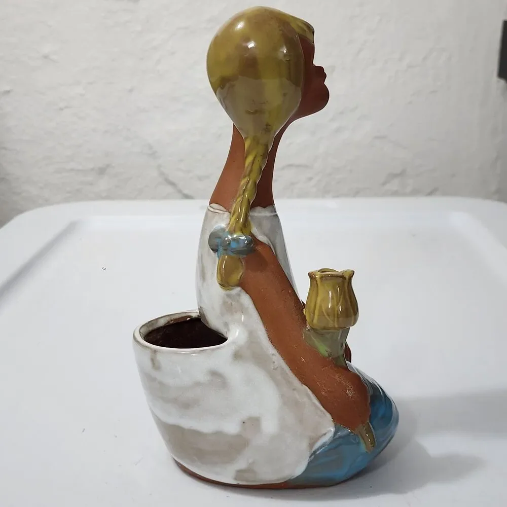 VTG MCM Art Pottery Stoneware Whistling Girl Head Vase Planter Clay Japan Style